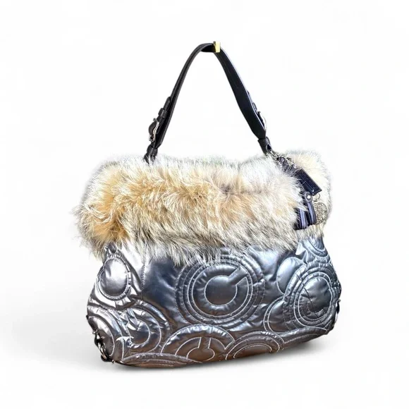 Coach XL Hampton Ski Coyote Fur Quilted Hobo Bag - Picture 1 of 16